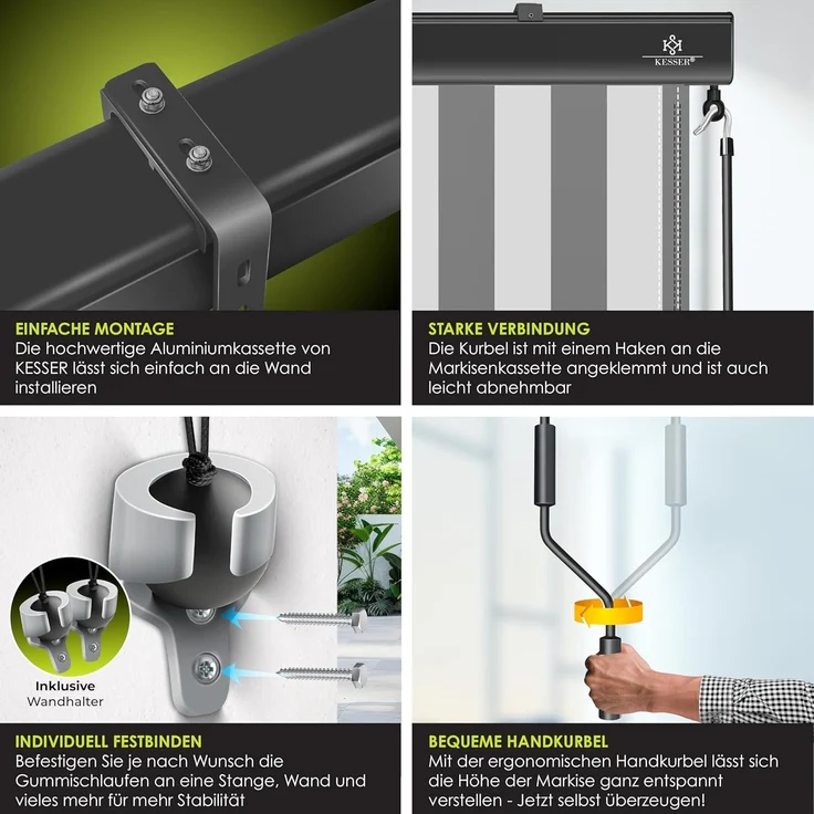 KESSER® Senkrechtmarkise Außenrollo Handkurbelmechanismus Balkonrollo Sonnen & Sichtschutz Beschattung Sonnenschutz Außen Rollo mit Kurbel Markisenkasten Balkon & Terrasse Inkl. Montageset & Abdeckung Grau / Weiß, 140 x 250cm – Bild 3