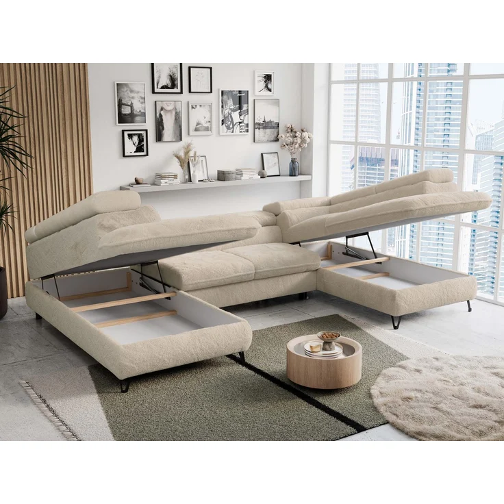 Ecksofa U-Form, mit Bettkasten, Bettfunktion und Einstellbare Kopfstützen, Sofa big XXL - PETER U - Creme Plüsch – Bild 3