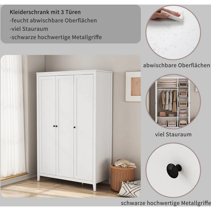 OTTO home Kleiderschrank Borkum Schlafzimmerschrank Garderobe Landhaus Bestseller weiß (hochwertige schwarze Griffe aus Metall) Schlafzimmerschrank mit 6 Böden und Kleiderstange, 3 Türen – Bild 2