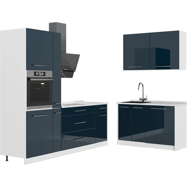 Küchenzeile Fame-Line Dunkelblau Hochglanz/Weiß 220x120 cm, AP Marmor Vicco – Bild 1