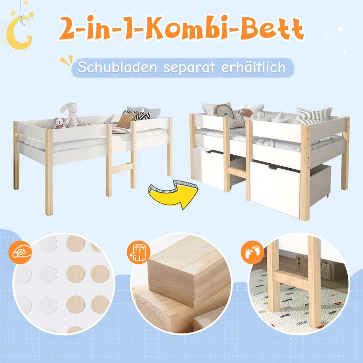 Bett Kinderbett mit Schublade und Rausfallschutz, Kiefer-Vollholz-90x200 cm-Weiß & Eiche – Bild 3