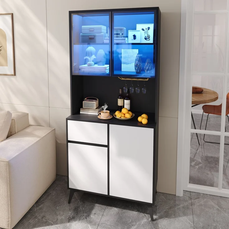 Hochschrank, Vitrine, Anrichte, Sideboard, Esszimmerschrank, Wohnzimmerschrank, Schwarz-Weiß Optik, MDF-Korpus, Glaselemente, integrierte LED-Leuchten, vielfältiger Stauraum--Schwarz, Weiß--80x40x180cm--YOUDENOVA – Bild 5