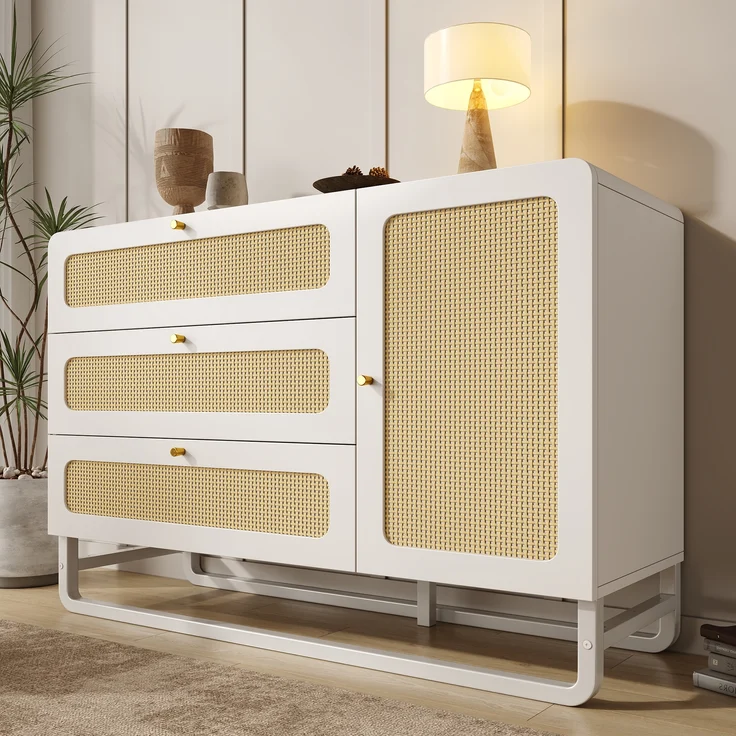 Sideboard Landhausstil mit Rattan & höhenverstellbaren Böden, 120x40x85 cm, Weiß – Bild 3