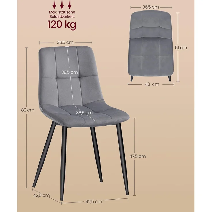 Küchenstühle gepolstert, Esszimmerstühle Samt, moderner Sessel mit verstellbaren Füßen, für Wohnzimmer, 6er Set, grau – Bild 3