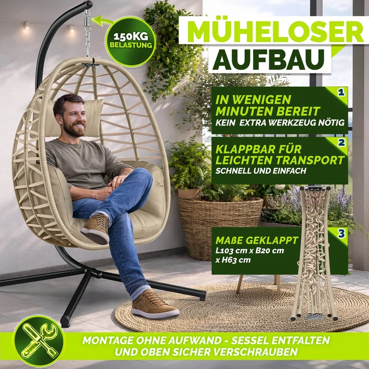 tillvex® Hängesessel mit Gestell Outdoor & wetterfester Abdeckung inkl. Befestigung | Hängekorb klappbar bis 150 kg | Hängesitz aus Rattan | Hängestuhl für Indoor Garten Balkon Terrasse – Bild 9