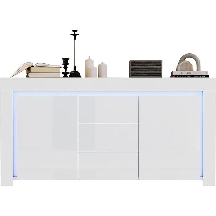 Merax Sideboard, Kommode mit 3 Schubladen, 2 Türen, Hochglanz Beistellschrank mit LED-Lichtleiste, Wohnzimmerschrank mit Stauraum, Weiß – Bild 10