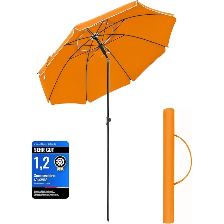 Songmics Sonnenschirm 160 cm, Sonnenschutz, UPF 50+, Strandschirm, beidseitig um 30° knickbar, höhenverstellbar, mit Tragetasche, für Balkon, Garten, Terrasse, Strand, ohne Ständer, orange GPU60OG
