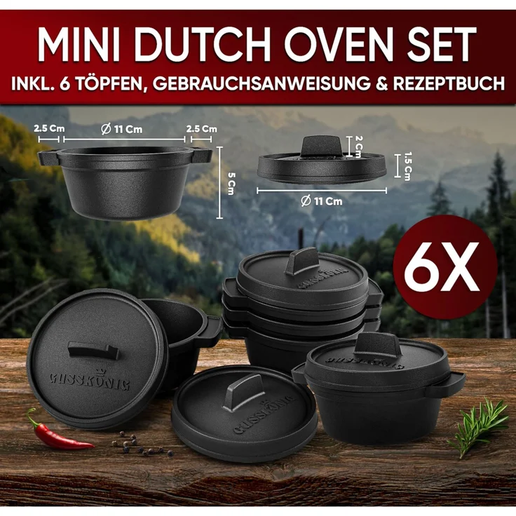 Mini Dutch Oven Set 6er aus Gusseisen – 300 ml Ø 11 cm, bereits eingebrannt, ideal für Vorspeisen & Nachspeisen inkl. Rezeptbuch – Bild 2