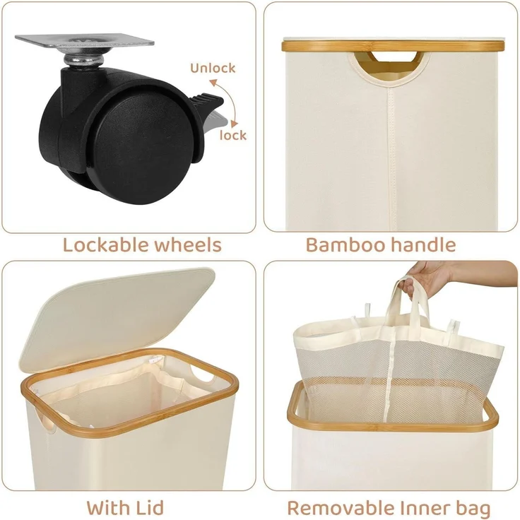 iEGrow 110L Wäschekorb Rollen Deckel Bambusgriff Beige – Bild 3