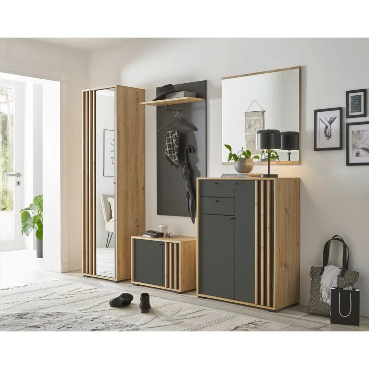 moebel-dich-auf Garderoben-Set VOLAM, (Komplett-Set, Garderobenschrank + Paneel + Bank + Spiegel + Schuhkommode), inkl. Spiegeltür