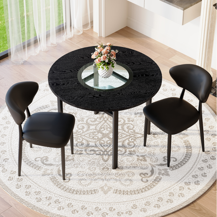 Essgruppe mit rundem Tisch Ø 100x76 cm, Glasablage & 2 PU-Stühlen, Schwarz