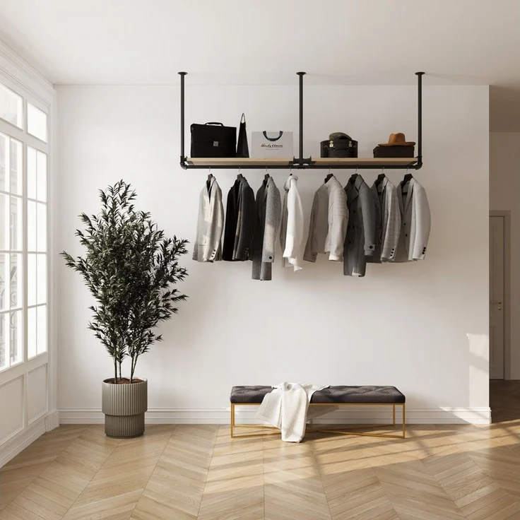 RSR Hangers Garderobenstange Kleiderstange Garderobe "DIEK II" mit Kiefernholablage Deckenmontage – Bild 2