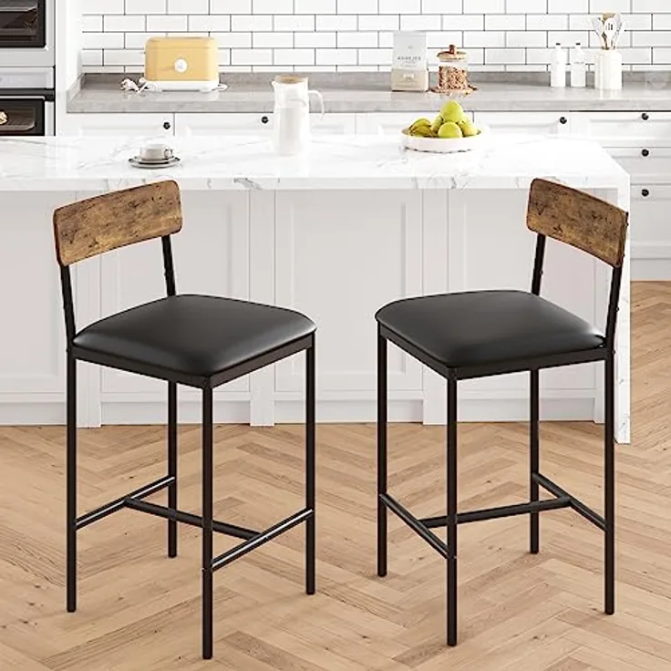 2er Set Barhocker, Barstuhl mit Rückenlehne und Fußstütze, Retro Barhocker mit Fußstütze, Bistrohocker 64cm Hohe, Küchenhocker Einfache Montage, Industrie-Design für Bistro, Küche, Esszimmer, Vintage