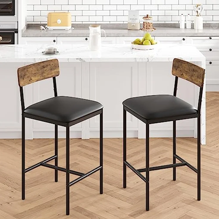 2er Set Barhocker, Barstuhl mit Rückenlehne und Fußstütze, Retro Barhocker mit Fußstütze, Bistrohocker 64cm Hohe, Küchenhocker Einfache Montage, Industrie-Design für Bistro, Küche, Esszimmer, Vintage – Bild 1