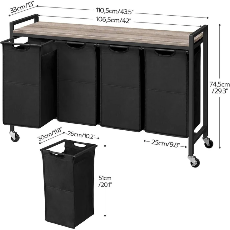 Wäschekorb mit Ablage und Rollen, 4 x 39,8 L, Oxford-Gewebe, Abnehmbar Greige – Bild 3