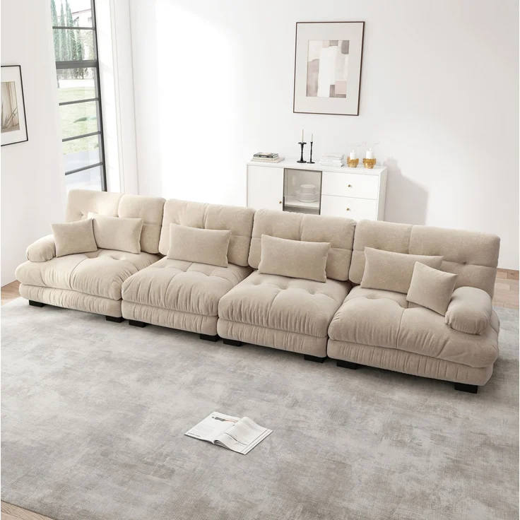 DESVIAE Sofa modular aus Chenille Hellbraun mit Tiefensitz und Dekokissen, 406 x 77 x 81 cm – Bild 1