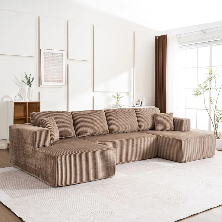 Schlafsofa U-Form 332x156x88 cm Braun aus Corduroy, mit Schlaffunktion, 4 großen und 2 kleinen Kissen – Bild 3