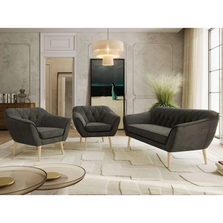 Wohnzimmerset PIRS 1-1-3, Skandinavisches 3-Sitzer Sofa mit Sesseln, Sofa mit Wellenfederung, Buche Füße, Skandinavisches Möbelset - Dunkelgrau Velvet – Bild 1