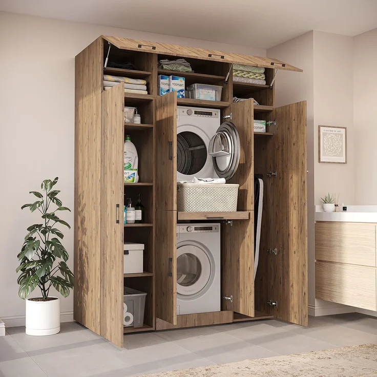 Roomart Waschmaschinenschrank - DORA-I- 160 cm breit - Wasch- & Trocknerschrank mit 2 Hochschränken, Türen & Ausziehbrett, Waschmaschinen-Überbau für Waschküche & Hauswirtschaftsraum • Eiche – Bild 3