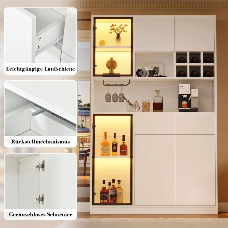 Vitrinenschrank 120x33x200 cm in Weiß, 6 Türen, 2 Schubladen, LED und offene Fächer – Bild 8