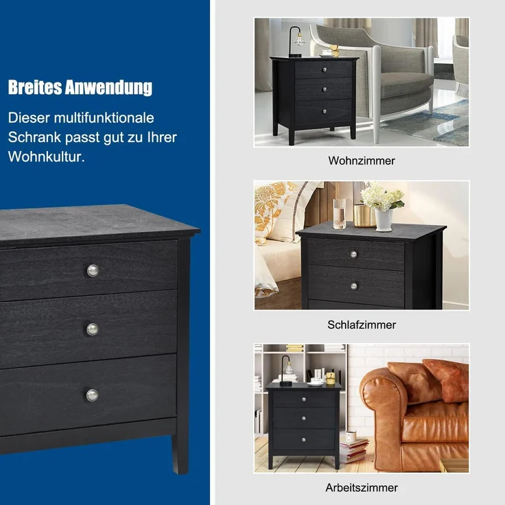 COSTWAY Nachttisch mit 3 Schubladen, Beistelltisch Nachtkommode, Nachtschrank für Wohnzimmer Schlafzimmer 60 x 45 x 66 cm (Schwarz) – Bild 5