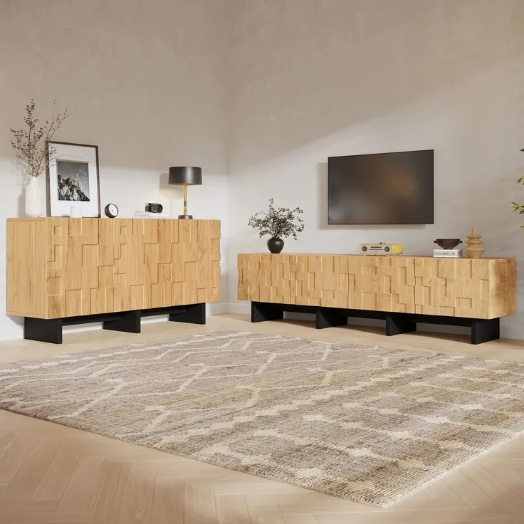 Ein Wohnzimmer-Sideboard (140x40x70cm) + ein viertüriger TV-Schrank (180x38.5x45cm) in Naturholzfarbe mit schwarzen Akzenten, geeignet für einen 75-Zoll-Fernseher--Natürlich--102.01x48.01x12.5cm--YOUDENOVA