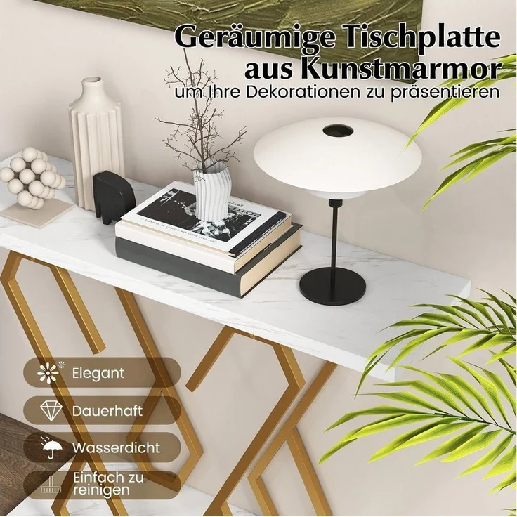 COSTWAY Konsolentisch, Marmor schmal, Metallrahmen in Schmetterlingsform Gold – Bild 2