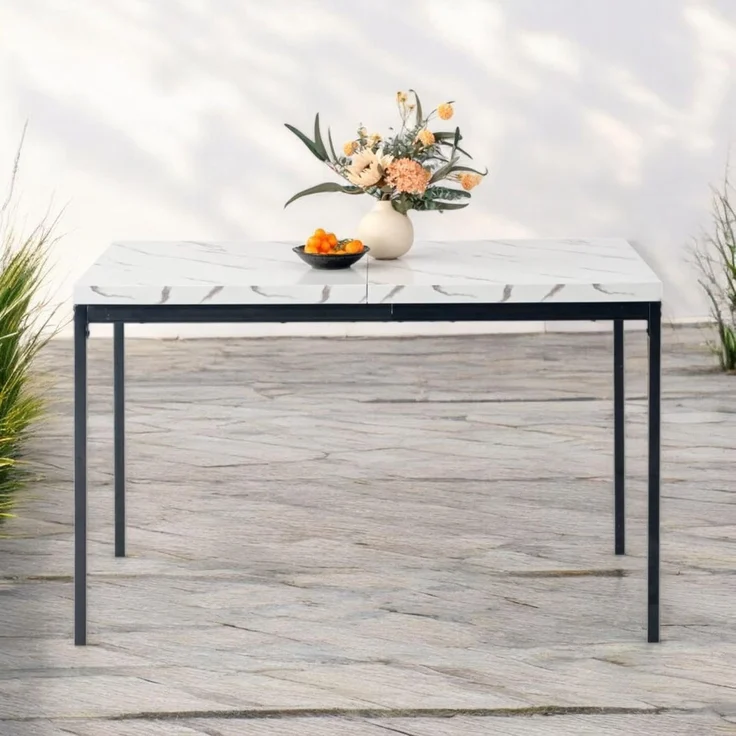 FurnitureR Garten-Esstische aus weißem Marmorimitat, Schlichter und eleganter Stil für 4 bis 6 Personen, Dicke Holzplatte mit Metallstruktur, für Terrasse, Terrasse, Garten, 120 x 70 x 75 cm – Bild 1
