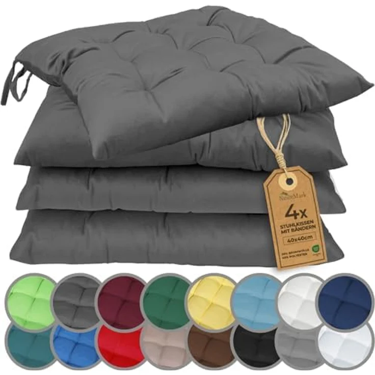 NatureMark 4er Set Stuhlkissen mit Bändern Gr. 40x40 cm Sitzkissen gefüllt, Anthrazit grau – Bild 2