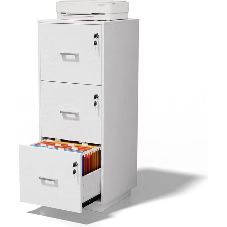 VINGLI Aktenschrank mit 3 Schubladen, Büroschrank abschließbar, 39x39x98 cm verstellbare Hängestange für A4 und Letter, Druckerständer Holz