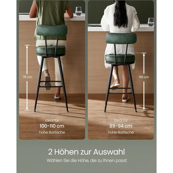 VASAGLE EKHO Kollektion - 360° drehbarer Barhocker, 2er Set, Hocker mit Rückenlehne für Bartisch, Kunstleder mit Nähten, Mid-Century-Modern-Stil, 76 cm hoch, Küche, Hausbar, waldgrün – Bild 9
