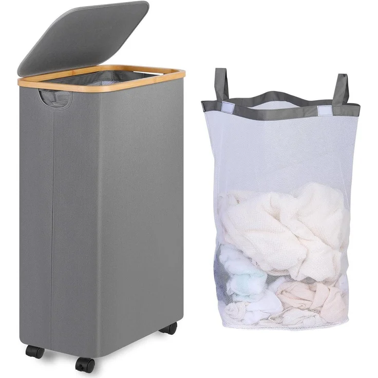 iEGrow Wäschekorb mit Rollen 75L, Grau, Deckel, Bambusgriffe, Herausnehmbarer – Bild 1