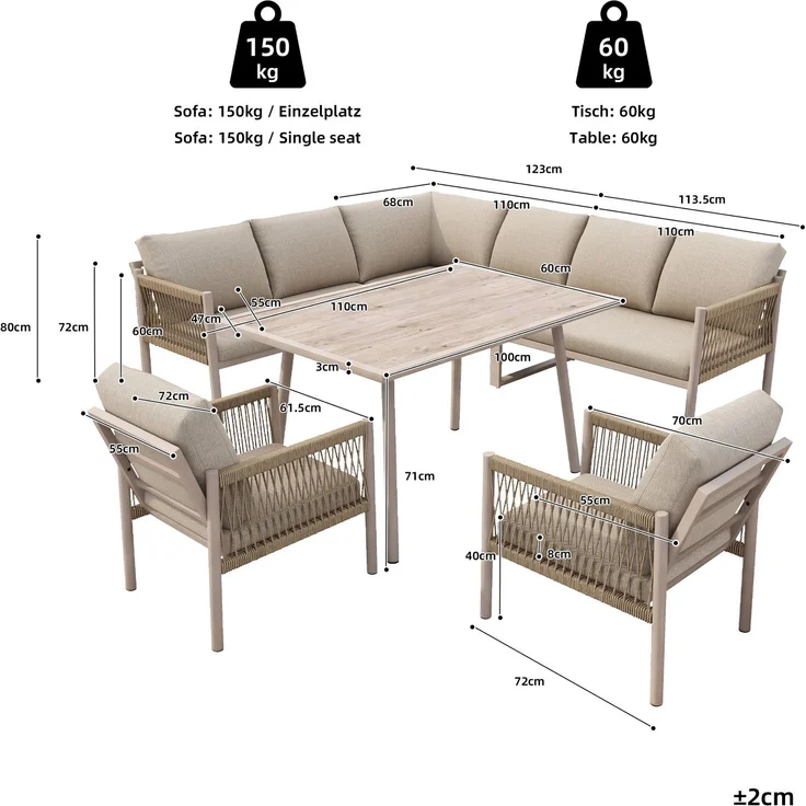 Merax Gartenlounge-Set 6 teilig für 7-8 Personen, Gartenmöbelset mit Kissen, Tisch mit Holzoptik-Glasplatte, Sofagarnitur Terassenmöbelset, Beige – Bild 4