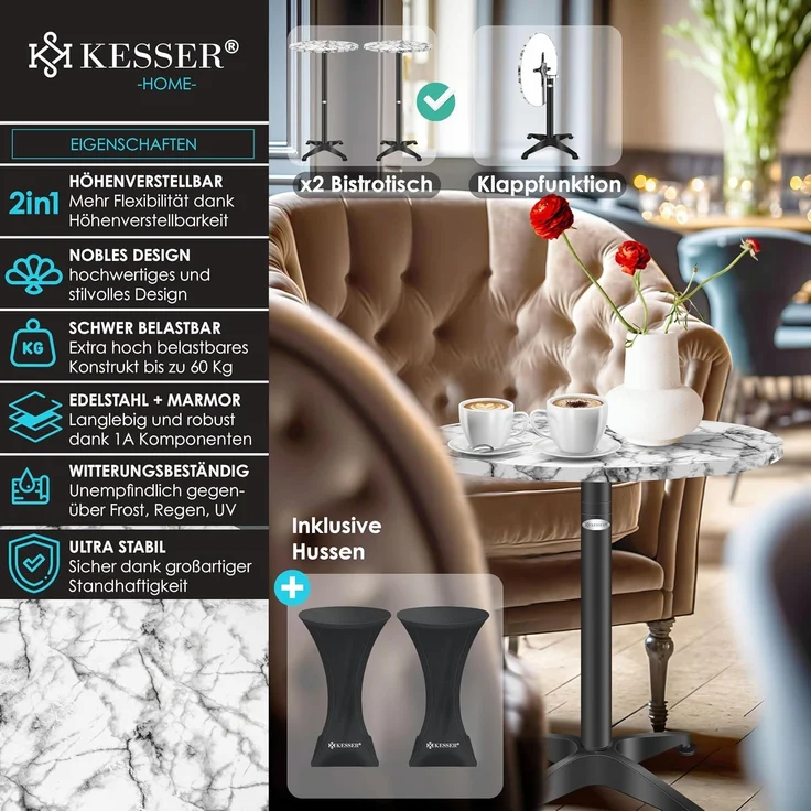 KESSER® 2in1 Stehtisch klappbar Bistrotisch 2er Set | Aluminium Edelstahlplatte | höhenverstellbar 70cm / 115cm | Partytisch Tisch Ø 80cm | In- & Outdoor Empfangstisch | Klapptisch mit Cover Marmor – Bild 3