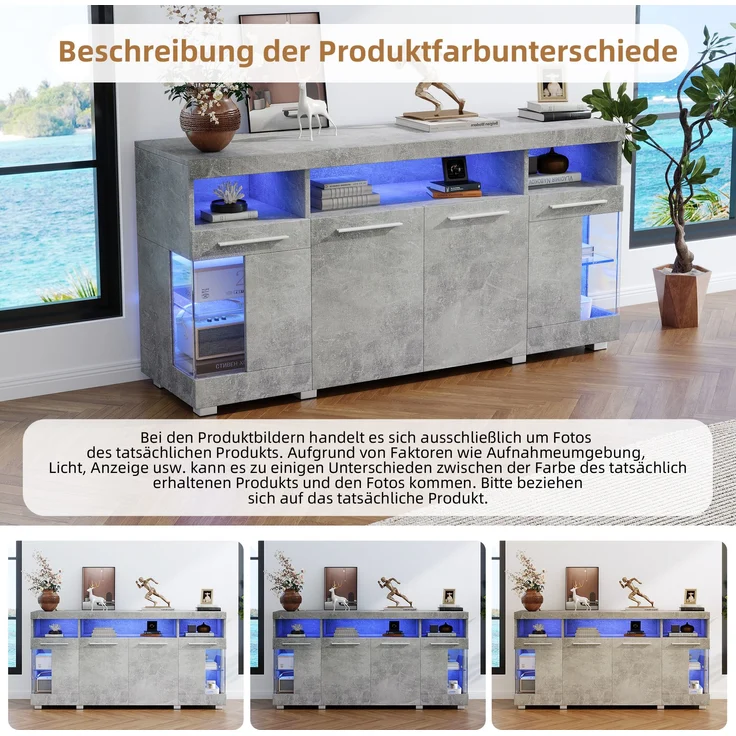 Beistelltisch Sideboard 140x40x70 cm, zementgrau mit LED-Beleuchtung & Glasfronten – Bild 6