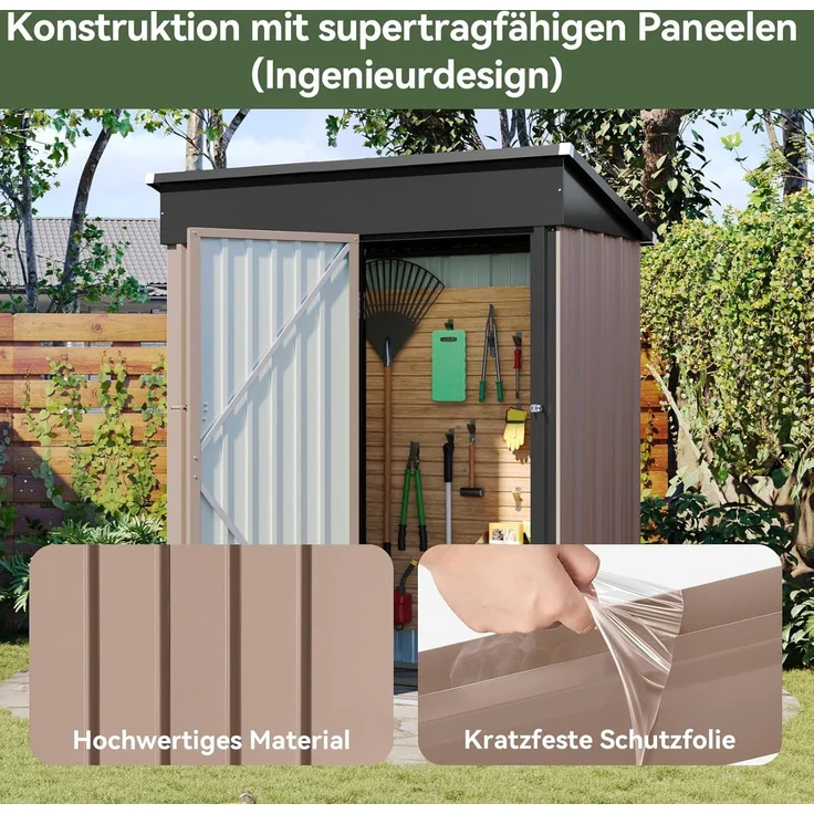 Aoxun Gerätehaus aus Metall, Maße 150x91x185cm, inklusive Bodenrahmen, Pultdach mit Belüftungslöchern, Tür mit Schloss, für Garten und Hof, Braun – Bild 5