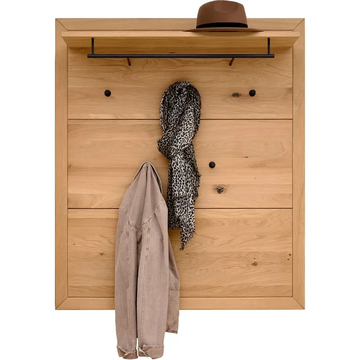 Linea Natura 'CLEVELAND' Wandgarderobe Paneel Asteiche massiv, Teilmassiv wildeiche, 99.6 x 116.6 x 24 cm, mit 5 Haken und Ablage