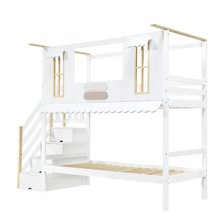 Etagenbett mit 2 Schlafgelegenheiten und Lattenrost, 90x200 cm, Kinderbett mit Stauraum und Rausfallschutz, Jugendbett, Kiefer