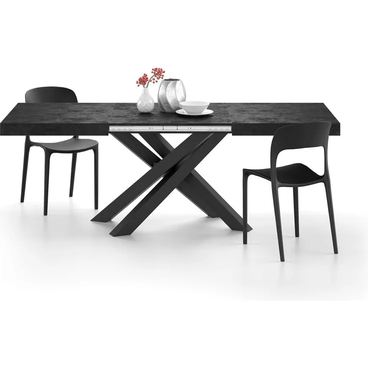 MOBILI FIVER, Ausziehbarer Tisch Emma 140, Schwarzer Beton, mit schwarzen X-Beinen, Laminiert/Eisen, Made in Italy