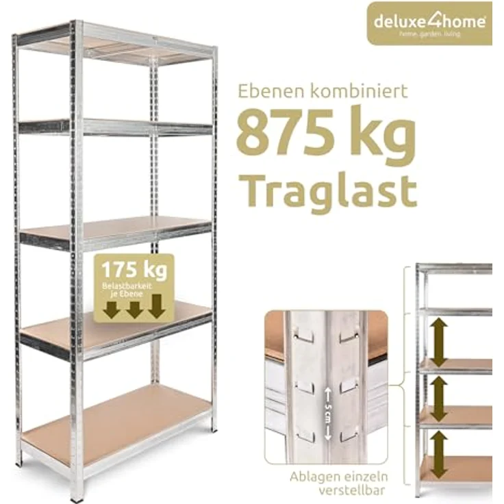 deluxe4home Schwerlastregal 2er Set Kellerregal verzinkt I 40x90x180 cm I Lagerregal bis 875kg – Bild 4
