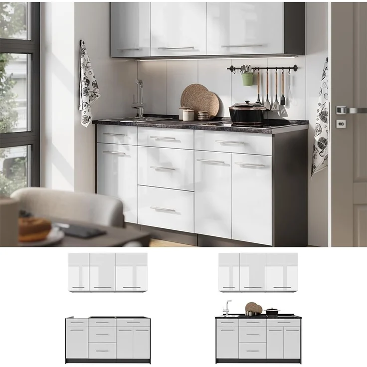 Singleküche Fame-Line Weiß Hochglanz/Anthrazit 150 cm, AP Anthrazit Vicco – Bild 7