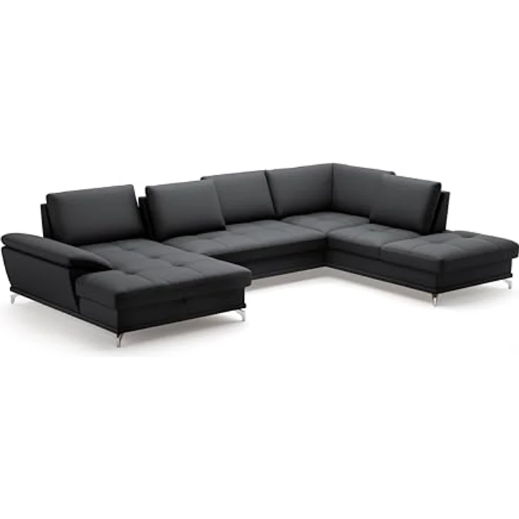 Cavadore Wohnlandschaft Castiel mit Federkern / Sofalandschaft mit XL-Longchair, Sitztiefenverstellung, Kopfstützen und satinierten Metallfüßen / 363x89-104x223 / Echtleder, Schwarz – Bild 5