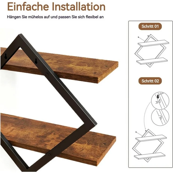 BlingBin Wandregal 2er-Set, Schweberegal, 2-stöckige Hängeregale, Wandboard, Regal 2-tlg, für Wohnzimmer, Schlafzimmer, Küche, Büro,Rustikales Braun und Schwarz – Bild 4