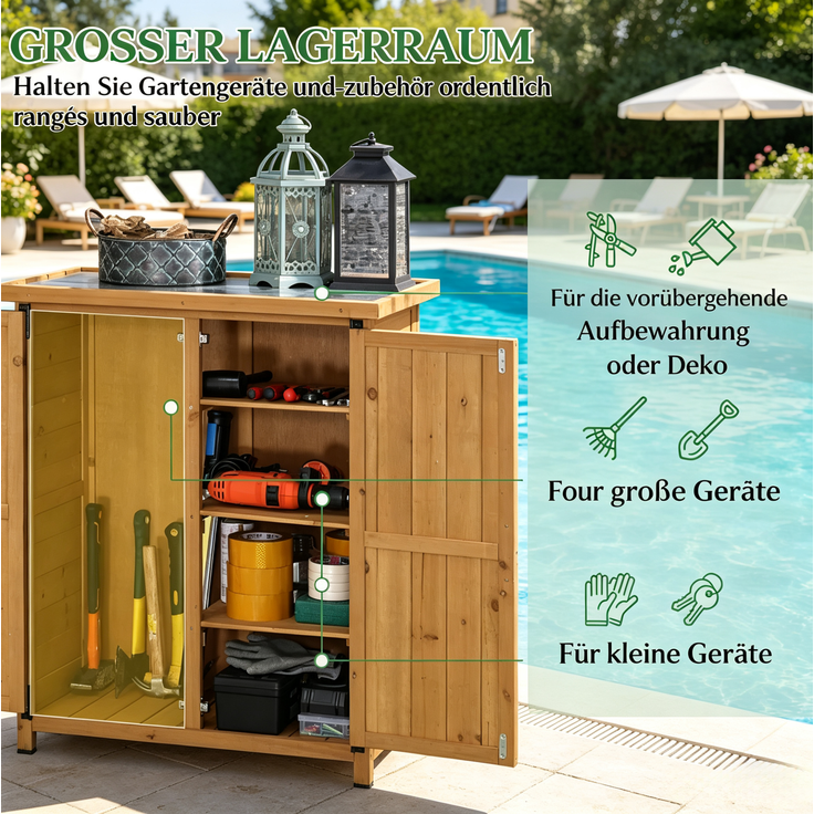 Gartenschrank 75 x 40 x 90 cm aus Tannenholz mit drei Regalböden und verzinktem Blechdach – Bild 5