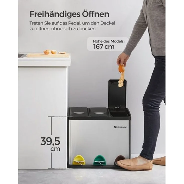 Songmics 3-in-1 Abfalleimer, Metall, 24 Liter, Silber – Bild 5