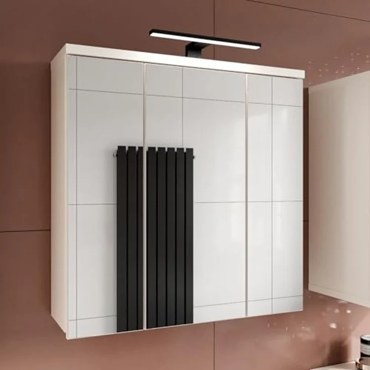 Forte VERIS Hängeschrank 70, Schlichter Badschrank mit Spiegel, 3-türig, Wandmontage, Badezimmer, Holzwerkstoff, Kaschmir Beige, 68,6 cm breit x 68,1 cm hoch x 20 cm tief – Bild 2