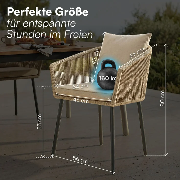 STEELSØN 'Nair' Polyrattan Gartenstuhl, 2er-Set, hellbraun, wetterfest & UV-beständig, Balkonstühle bis 160 kg belastbar, Gartensessel inkl. Kissen – Bild 9
