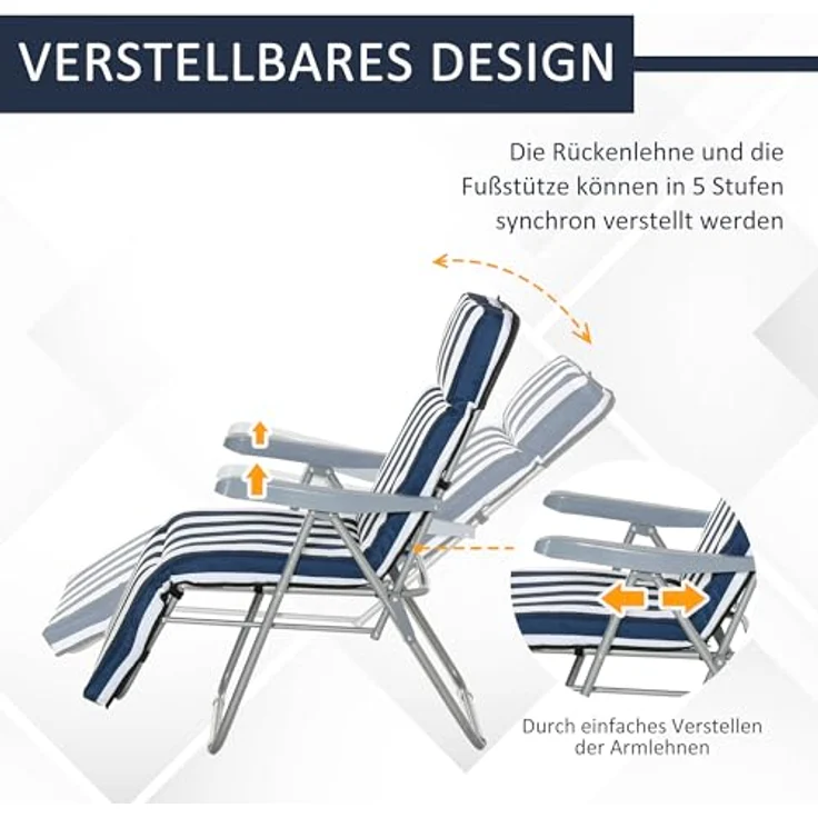 Outsunny 2 x Klappstühle Set, Gartenstuhl Sonnenliege mit 5 Positionen, klappbar, gepolsterte Auflage, blau, 60 x 75 x 102 cm – Bild 4