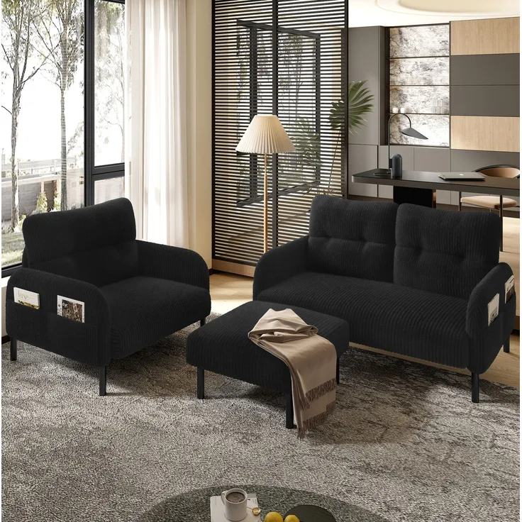 Sofaset aus Cord, 3-teilig mit Sessel, Hocker & 2-Sitzer, 120 x 75 x 79 cm, schwarz