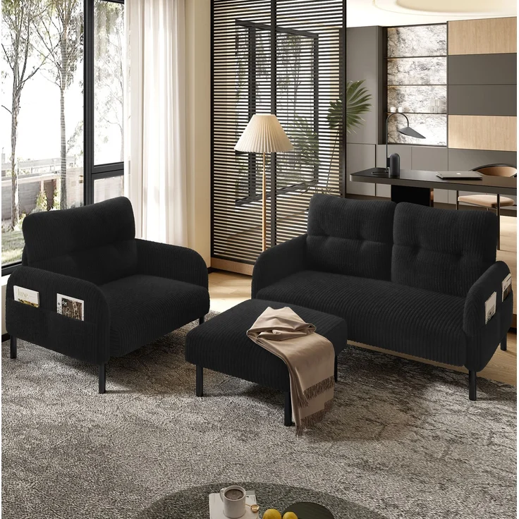 Sofaset aus Cord, 3-teilig mit Sessel, Hocker & 2-Sitzer, 120 x 75 x 79 cm, schwarz – Bild 1